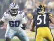 Dallas Cowboys offensive tackle Tyler Guyton sets in his pass stance as Steelers linebacker Nick Herbig rushes.