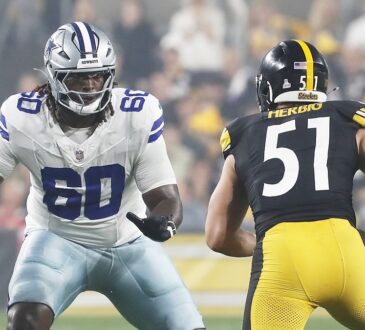 Dallas Cowboys offensive tackle Tyler Guyton sets in his pass stance as Steelers linebacker Nick Herbig rushes.