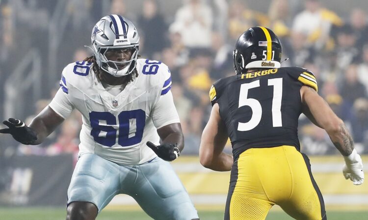 Dallas Cowboys offensive tackle Tyler Guyton sets in his pass stance as Steelers linebacker Nick Herbig rushes.