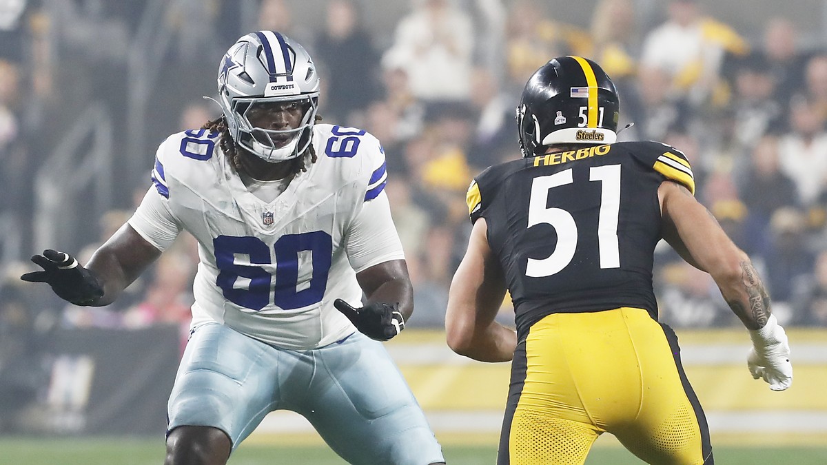 Dallas Cowboys offensive tackle Tyler Guyton sets in his pass stance as Steelers linebacker Nick Herbig rushes.