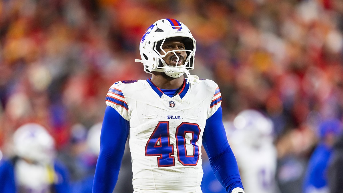 Buffalo Bills linebacker Von Miller looks toward the field in a white No. 40 jersey during the AFC Championship game.
