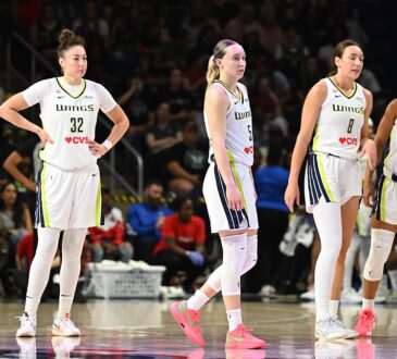 Dallas Wings guard Paige Bueckers and four teammates in white road uniforms stand on the court during a stoppage in play.