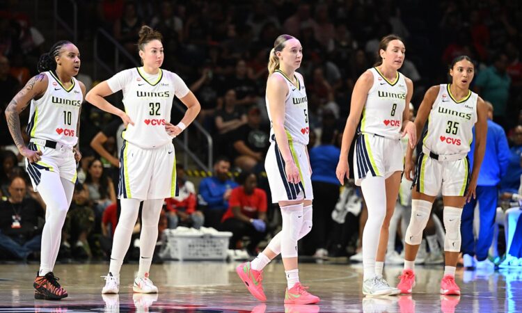 Dallas Wings guard Paige Bueckers and four teammates in white road uniforms stand on the court during a stoppage in play.