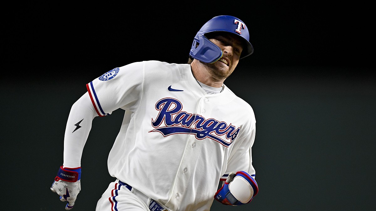 Rangers center fielder Brandon Nimmo runs the bases with his jaw clenched during the seventh inning.