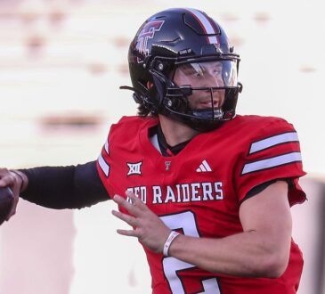 Texas Tech Red Raiders quarterback Brendan Sorsby, No. 2, cocks his arm to throw during the spring game.