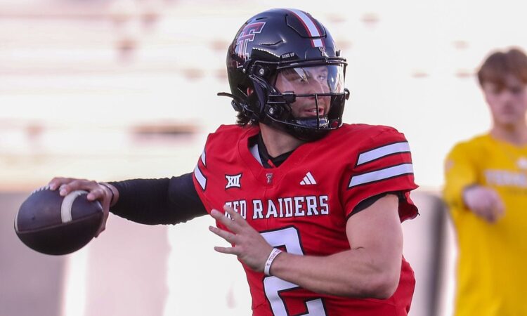 Texas Tech Red Raiders quarterback Brendan Sorsby, No. 2, cocks his arm to throw during the spring game.