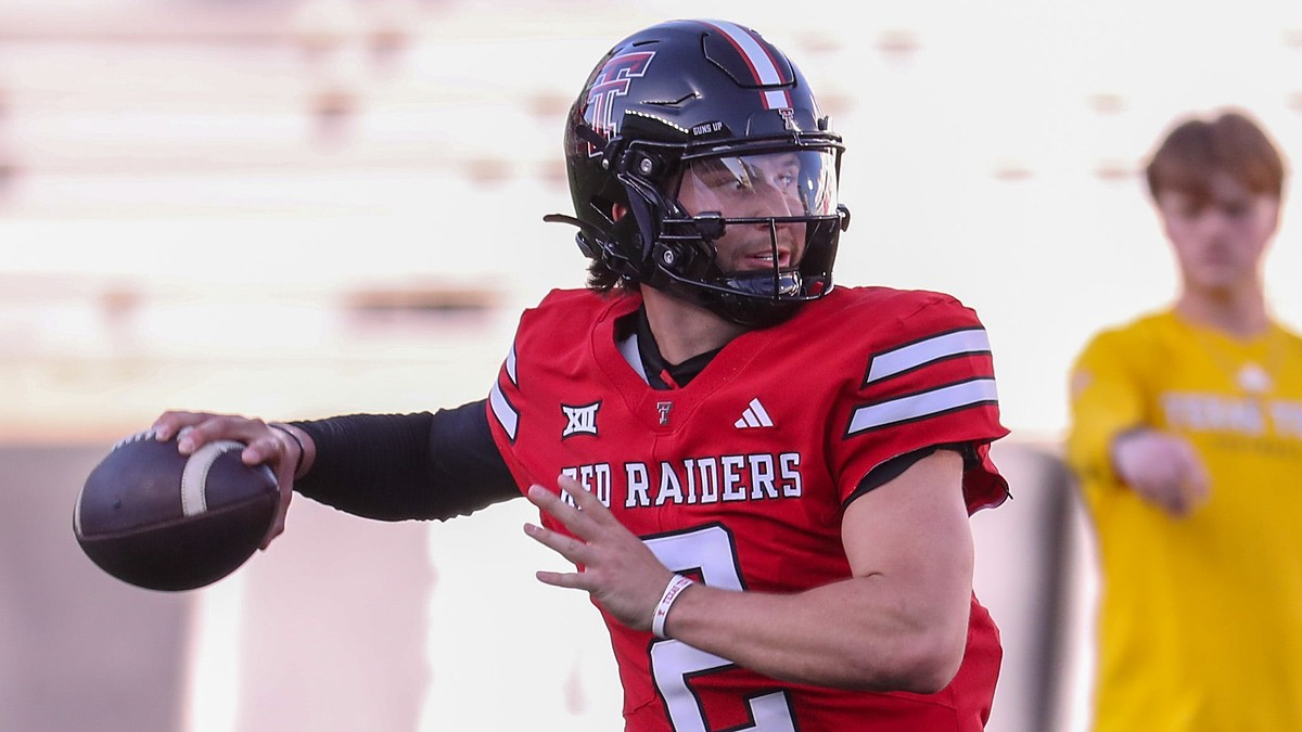Texas Tech Red Raiders quarterback Brendan Sorsby, No. 2, cocks his arm to throw during the spring game.