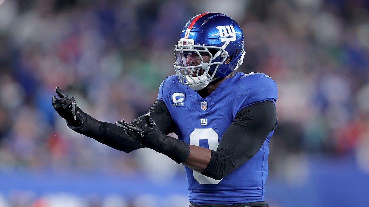 New York Giants linebacker Brian Burns gestures in celebration after recording a sack against Philadelphia.