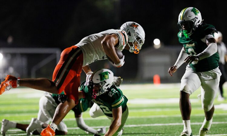Mandarin wide receiver Brysen Wright is upended near the sideline as Nease defender Austin Taylor wraps him up.