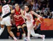 United States guard Caitlin Clark drives past a Czechia defender as teammate Angel Reese sets a screen.