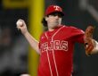 Texas Rangers pitcher Cal Quantrill, in a red Tejas jersey, rears back to throw a pitch.