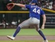 Texas Rangers pitcher Cal Quantrill strides toward the plate mid-delivery against Arizona at Chase Field.