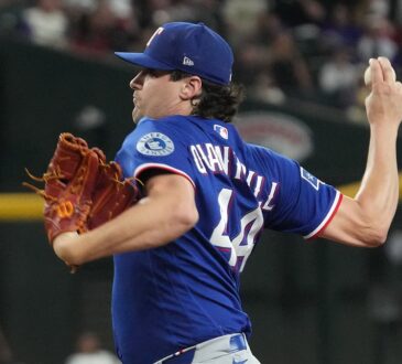 Texas Rangers pitcher Cal Quantrill winds up with the ball in his raised hand during a game at Chase Field.