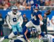 New York Giants running back Cam Skattebo loses the football as Dallas Cowboys defenders converge.