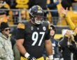 Pittsburgh Steelers defensive tackle Cameron Heyward stands in uniform while warming up before a game against the Bills.