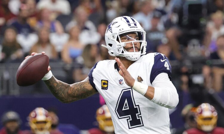 Dallas Cowboys quarterback Dak Prescott cocks the ball back to throw in his white road-style jersey.
