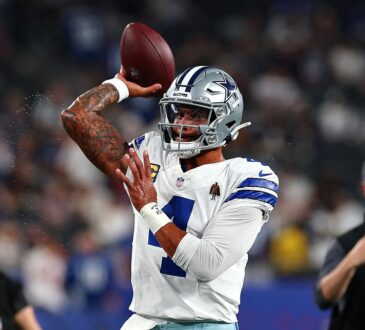 Cowboys quarterback Dak Prescott cocks his arm to throw during warmups before kickoff.