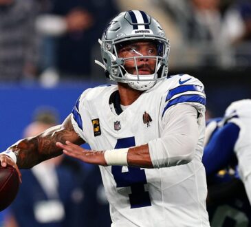 Dallas Cowboys quarterback Dak Prescott cocks the ball to throw during a game against the New York Giants.