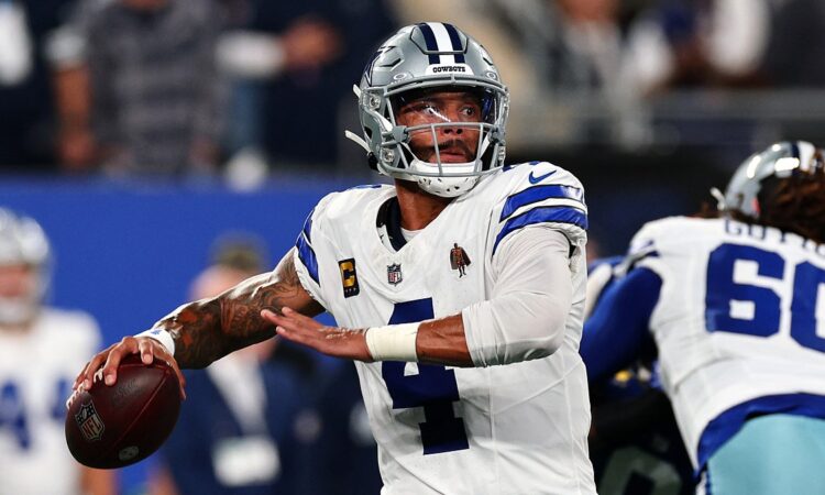 Dallas Cowboys quarterback Dak Prescott cocks the ball to throw during a game against the New York Giants.