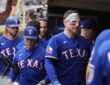 Texas Rangers catcher Danny Jansen, wearing a headband and sport glasses, walks through the dugout with his teammates.