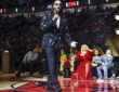 Former Chicago Bulls point guard Derrick Rose speaks during his jersey retirement ceremony at United Center following a game against the Boston Celtics.
