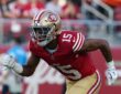 San Francisco 49ers wide receiver De’Zhaun Stribling drives his arms as he sprints off the line.