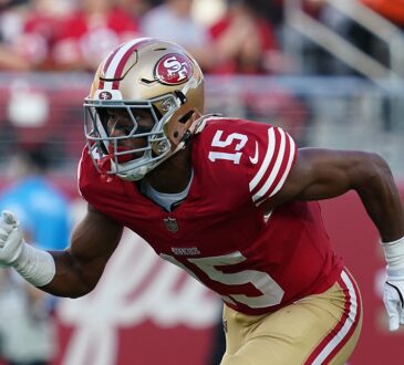 San Francisco 49ers wide receiver De’Zhaun Stribling drives his arms as he sprints off the line.