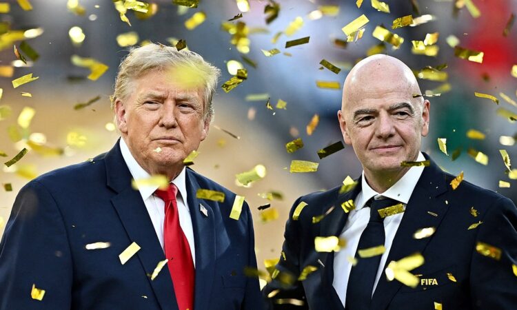 Donald Trump and FIFA President Gianni Infantino stand together amid falling confetti after the World Cup final.