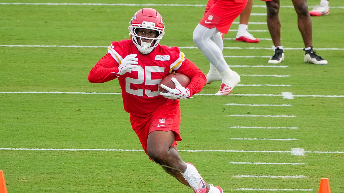 Kansas City Chiefs running back Emari Demercado carries the ball through a drill at training camp.