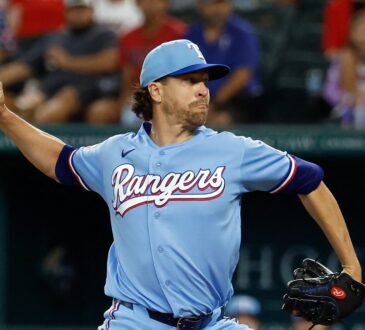 Texas Rangers starting pitcher Jacob deGrom winds up to deliver a pitch in a powder blue uniform.