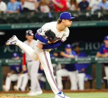 Rangers pitcher Jacob Latz follows through off the mound with his back leg kicked high.