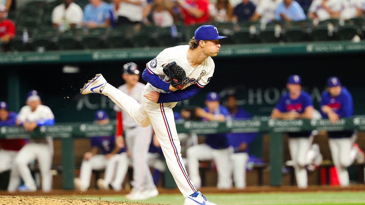 Rangers pitcher Jacob Latz follows through off the mound with his back leg kicked high.
