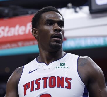 Detroit Pistons center Jalen Duren reacts during a playoff game against the Orlando Magic.