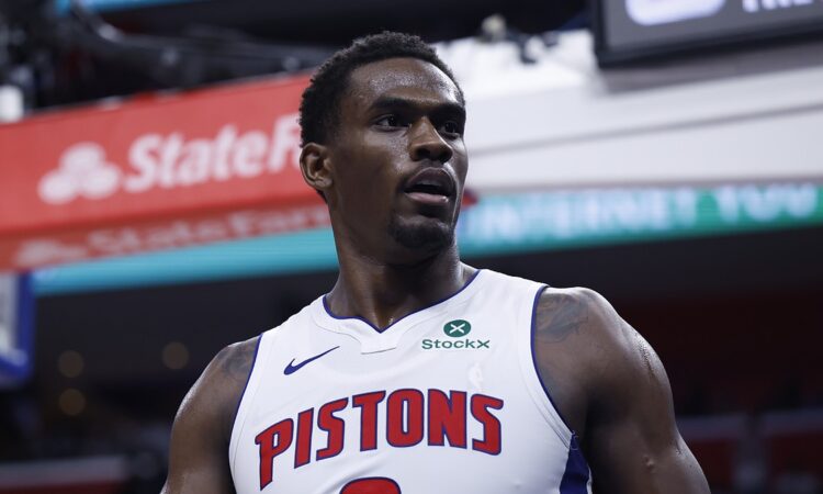 Detroit Pistons center Jalen Duren reacts during a playoff game against the Orlando Magic.