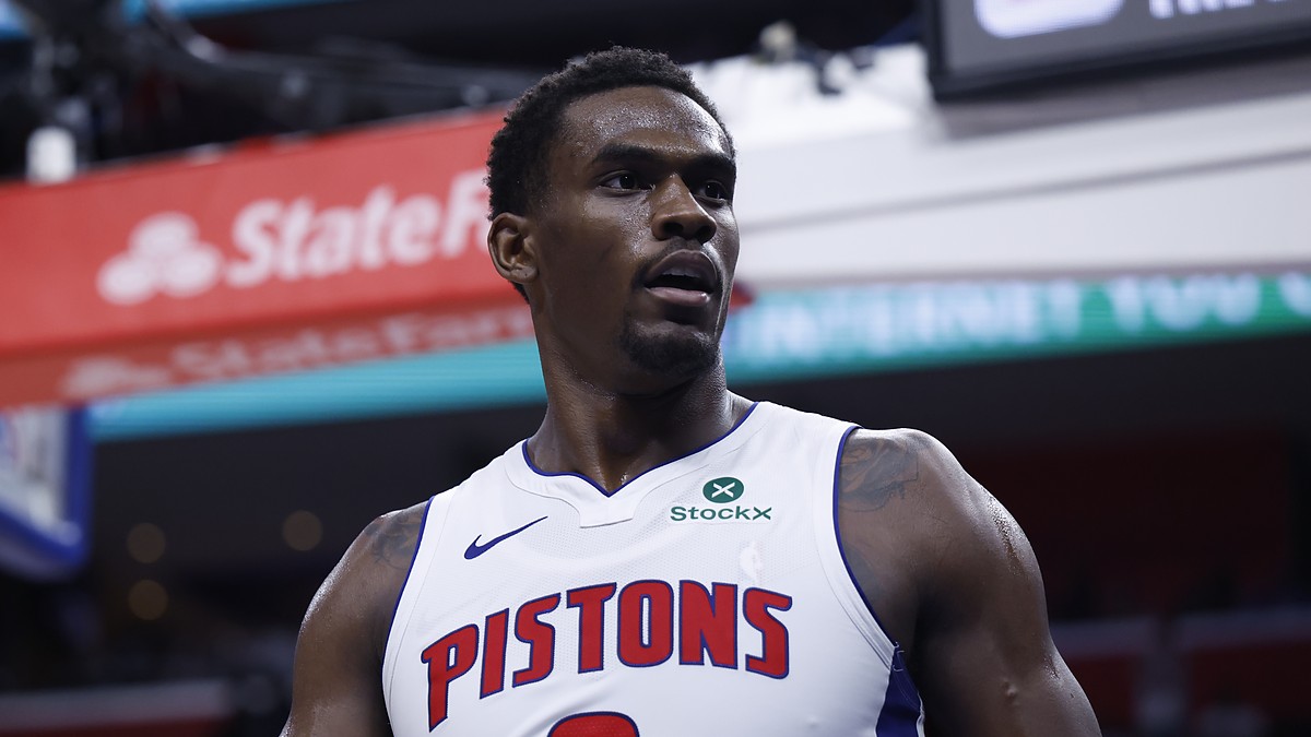 Detroit Pistons center Jalen Duren reacts during a playoff game against the Orlando Magic.