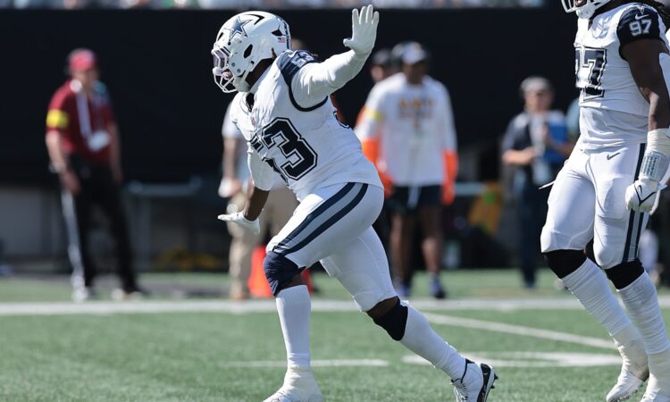 Dallas Cowboys defensive end James Houston raises a hand as he celebrates after a sack.