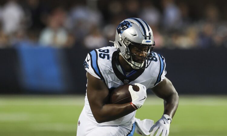 Carolina Panthers tight end James Mitchell tucks the ball and turns upfield at Tom Benson Hall of Fame Stadium.
