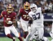 Washington Commanders quarterback Jayden Daniels scrambles with the ball as Cowboys defensive tackle Kenneth Clark closes in.