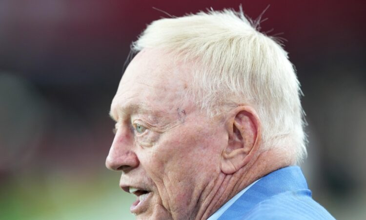 Dallas Cowboys owner Jerry Jones looks toward the field in profile before the game against the Arizona Cardinals.