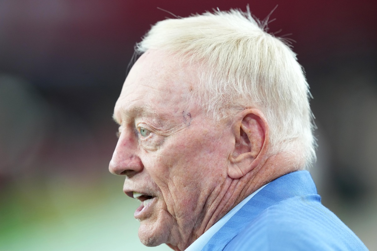 Dallas Cowboys owner Jerry Jones looks toward the field in profile before the game against the Arizona Cardinals.
