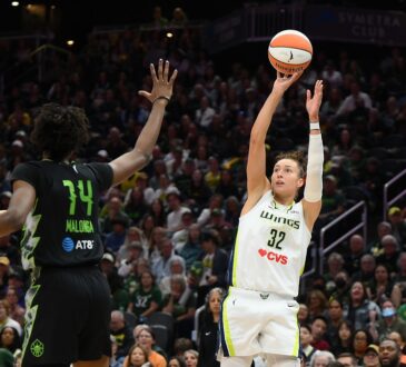 Dallas Wings forward Jessica Shepard releases a jump shot as Seattle Storm defenders reach to contest.