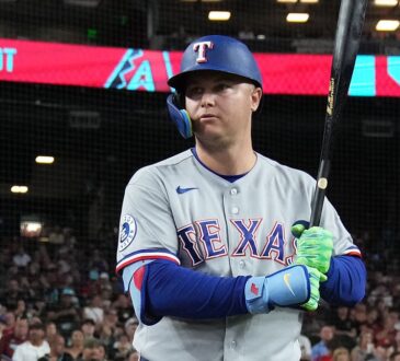 Texas Rangers designated hitter Joc Pederson holds his bat up as he waits to step in against Arizona.