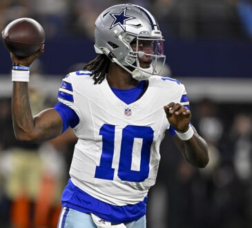 Dallas Cowboys quarterback Joe Milton III cocks his arm to throw against the New Orleans Saints.