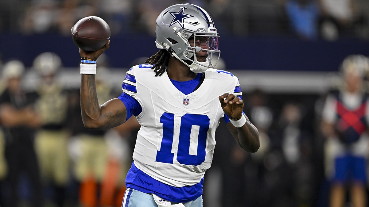 Dallas Cowboys quarterback Joe Milton III cocks his arm to throw against the New Orleans Saints.