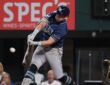 Tampa Bay Rays first baseman Jonathan Aranda, No. 8, drives a pitch with the ball off the barrel.