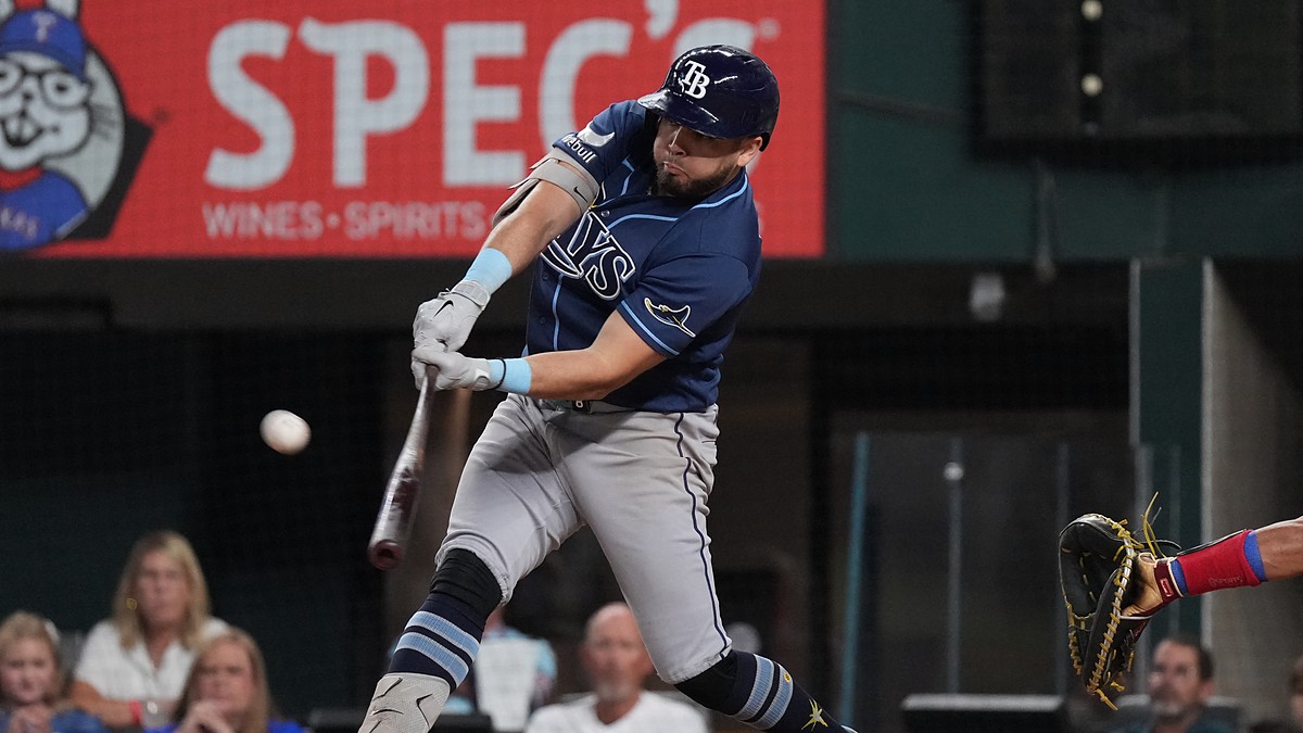 Tampa Bay Rays first baseman Jonathan Aranda, No. 8, drives a pitch with the ball off the barrel.