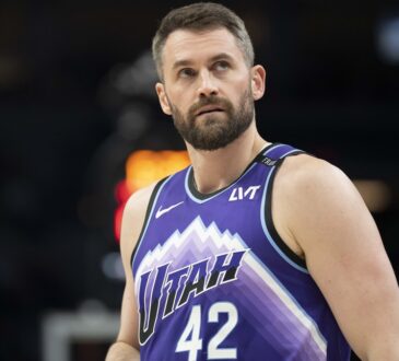 Utah Jazz forward Kevin Love #42 looks on during the first half against his former team, the Minnesota Timberwolves, at Target Center.