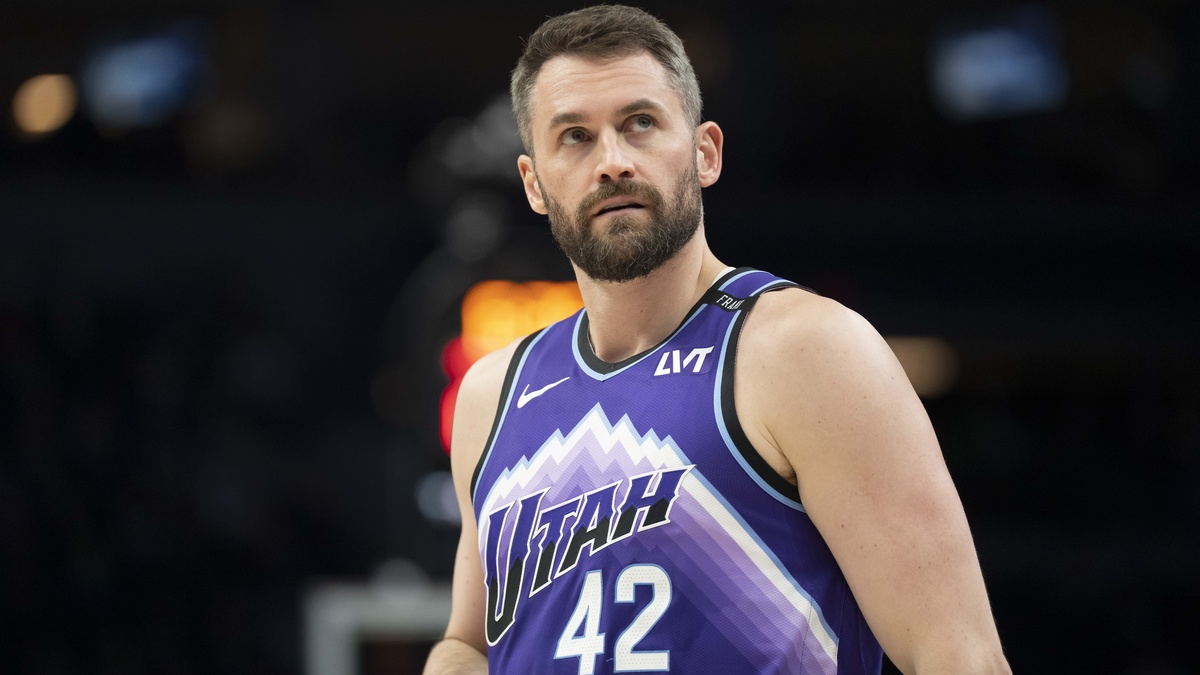 Utah Jazz forward Kevin Love #42 looks on during the first half against his former team, the Minnesota Timberwolves, at Target Center.