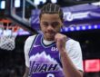 Utah Jazz guard Keyonte George raises a clenched fist as he reacts during a game against the Nets.