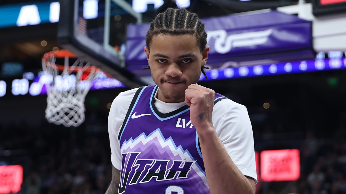 Utah Jazz guard Keyonte George raises a clenched fist as he reacts during a game against the Nets.
